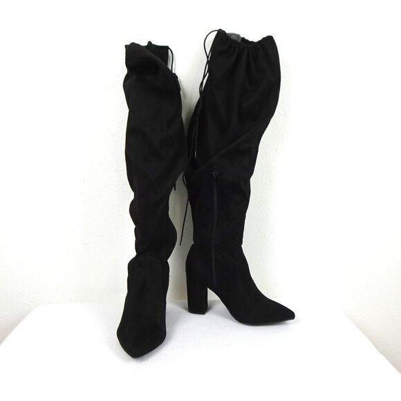 JustFab Aubriana Boots Over The Knee Heeled Suede Women's Size 8 Black Vegan - Picture 1 of 13